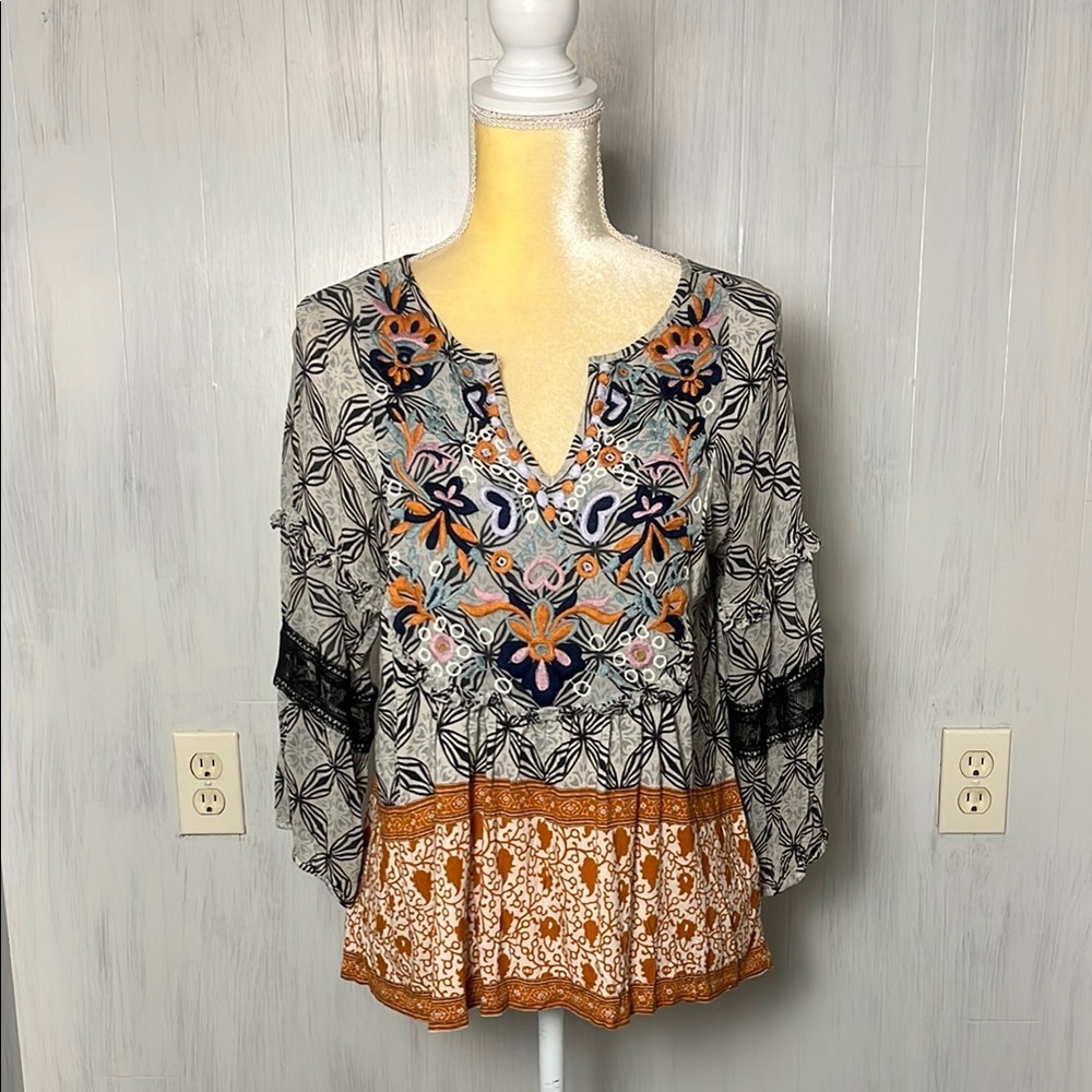 Anthropologie Terri Embroidered Mixed Print Top Size S‎ - Picture 2 of 7